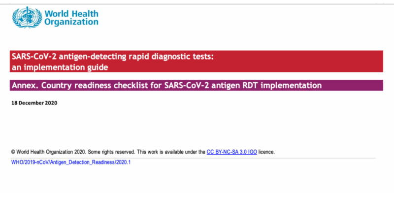 SARS-CoV-2 antigen-detecting rapid diagnostic tests: an implementation guide Annex: Country readiness checklist for SARS-CoV-2 antigen RDT implementation / (TH-17)
